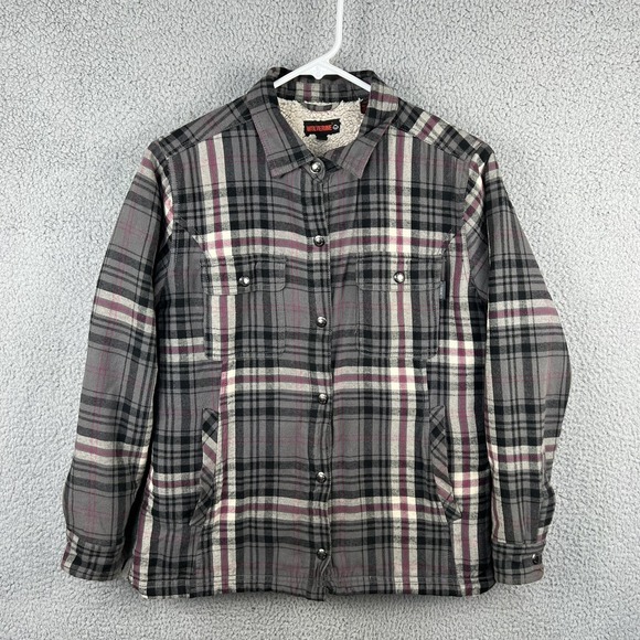 Wolverine Jackets & Blazers - Wolverine‎ Womens M Sherpa Lined Flannel Shirt Jacket Shacket Snap Up Grey Plaid